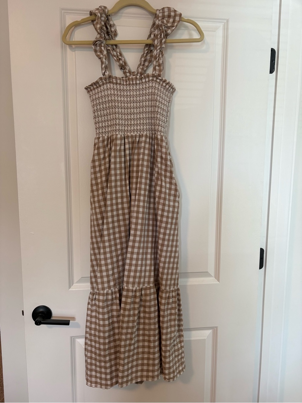 Smocked Gingham Maxi Sundress with Ruffle Straps - Beige